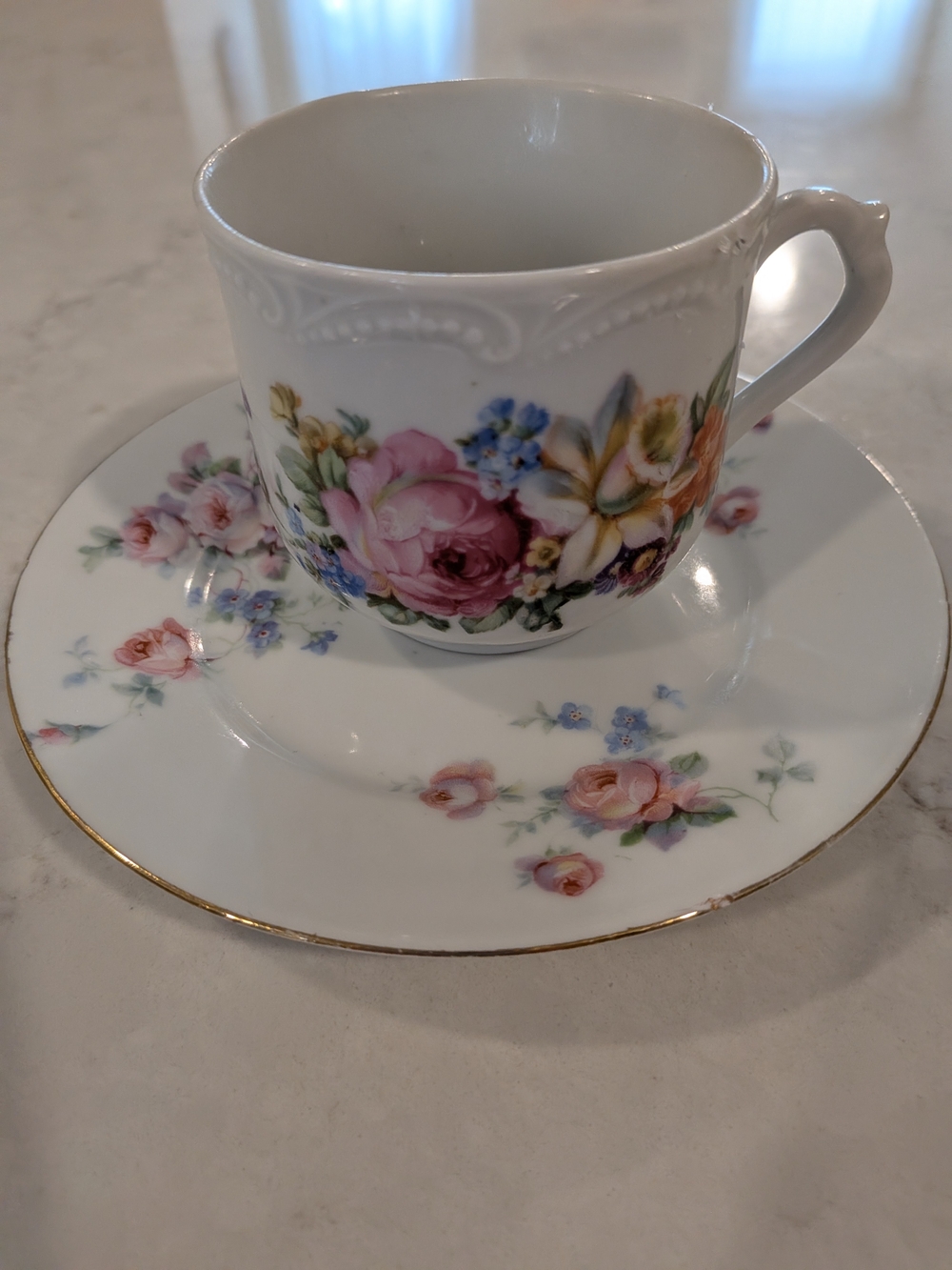 Germany Porcelain Teacup and Saucer - White with Pink Rose Pattern Different Mak